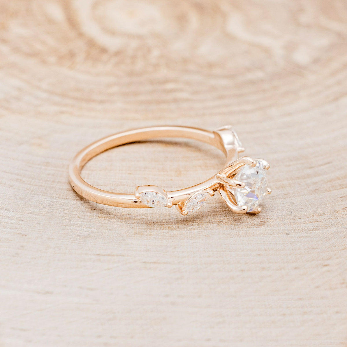 "Flora" - Round Cut Moissanite Engagement Ring With Marquise Cut Diamond Accents - 14K Yellow Gold - Size 4 1/2