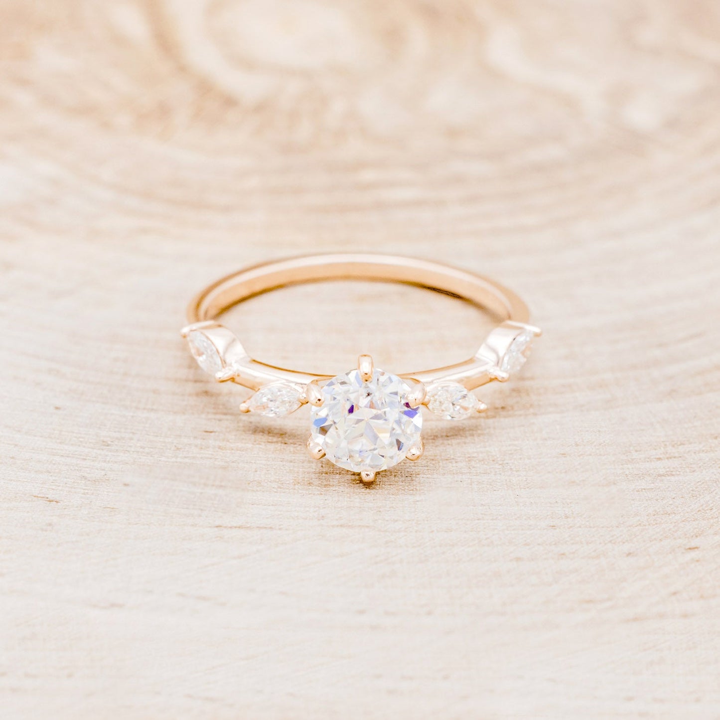 "Flora" - Round Cut Moissanite Engagement Ring With Marquise Cut Diamond Accents - 14K Yellow Gold - Size 4 1/2