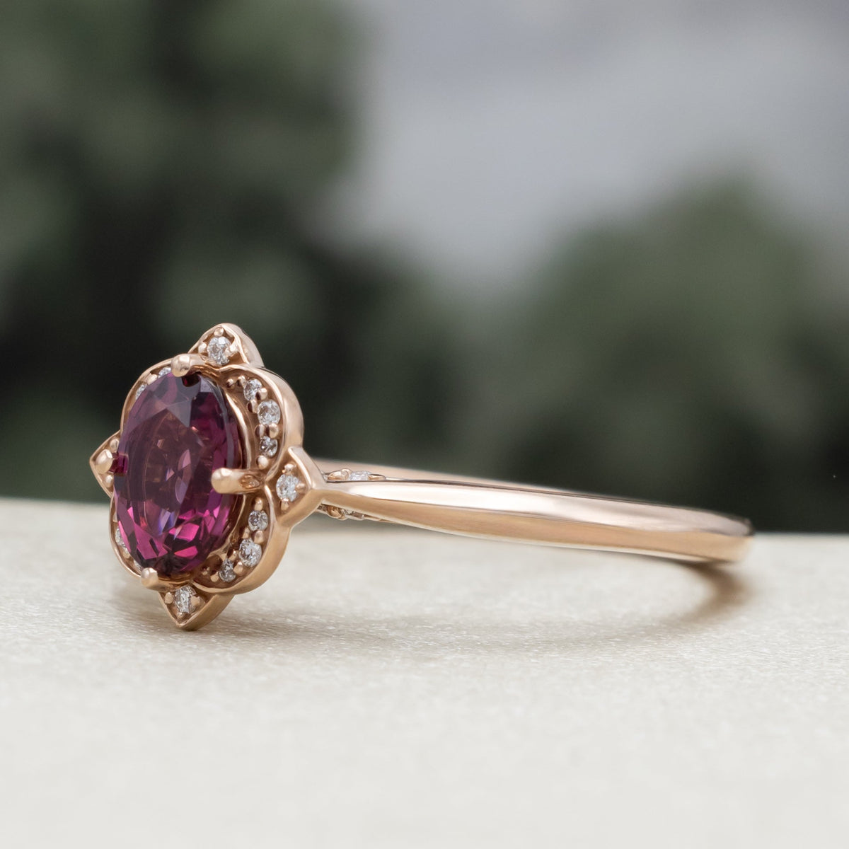 "Jane" - Rhodolite Garnet Engagement Ring With Diamond Accents