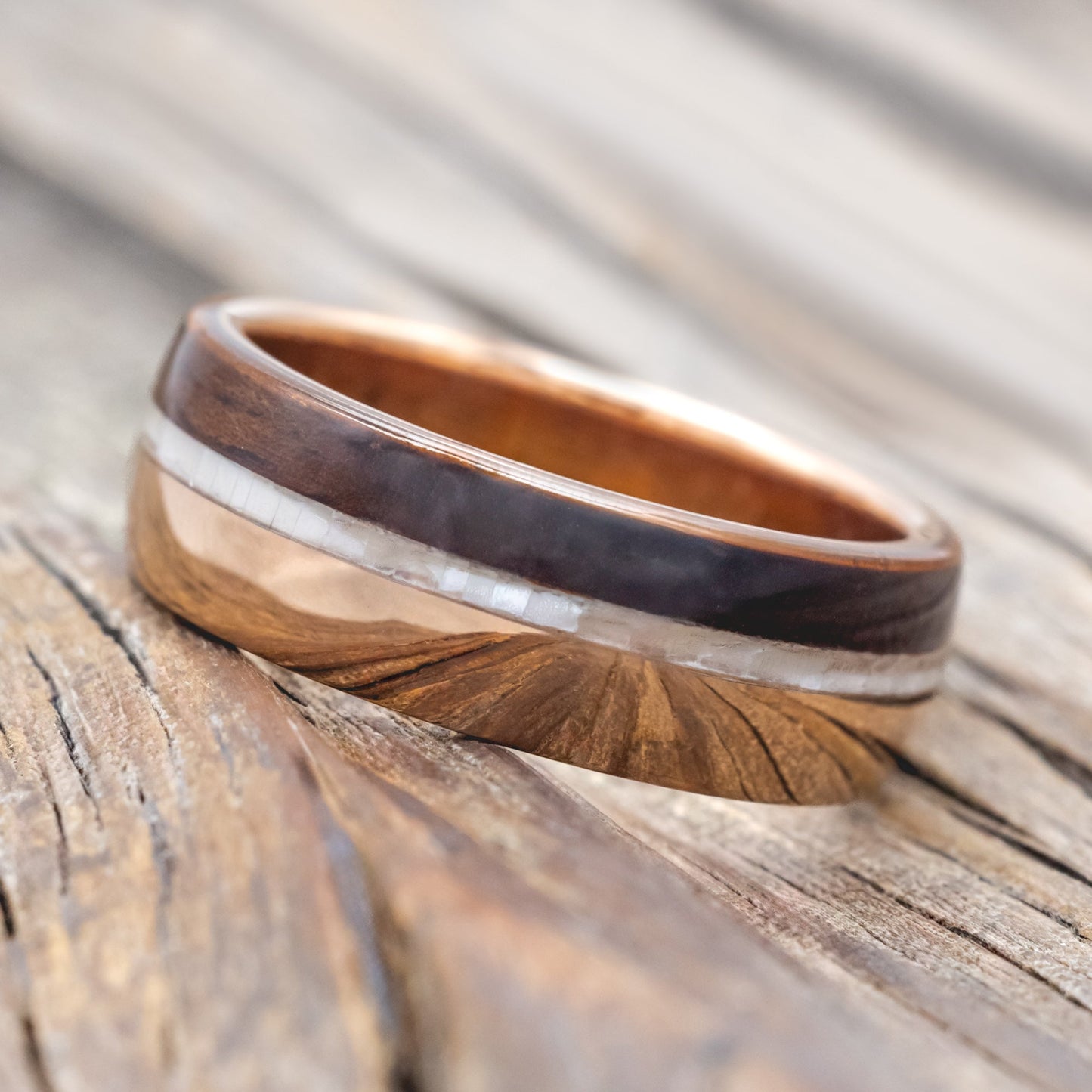 Koa Wood & Mother Of Pearl Wedding Band - 14K Rose Gold (8mm) - Size 11