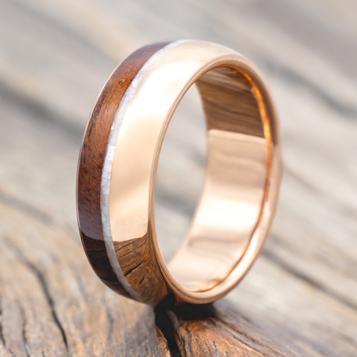 Koa Wood & Mother Of Pearl Wedding Band - 14K Rose Gold (8mm) - Size 11