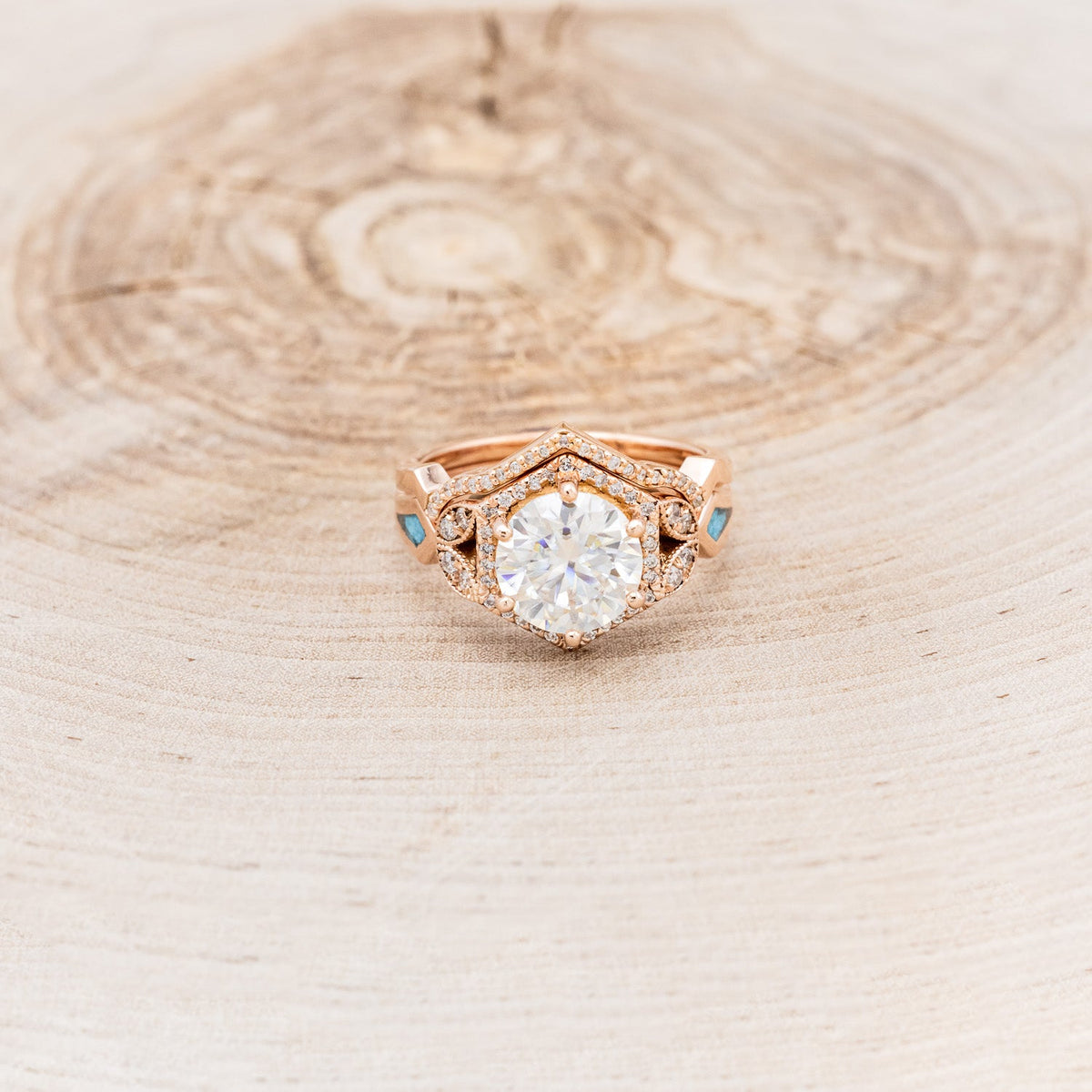 "Lucy In The Sky" - Round Cut Moissanite Engagement Ring With Diamonds, Turquoise Inlays & A Diamond Tracer