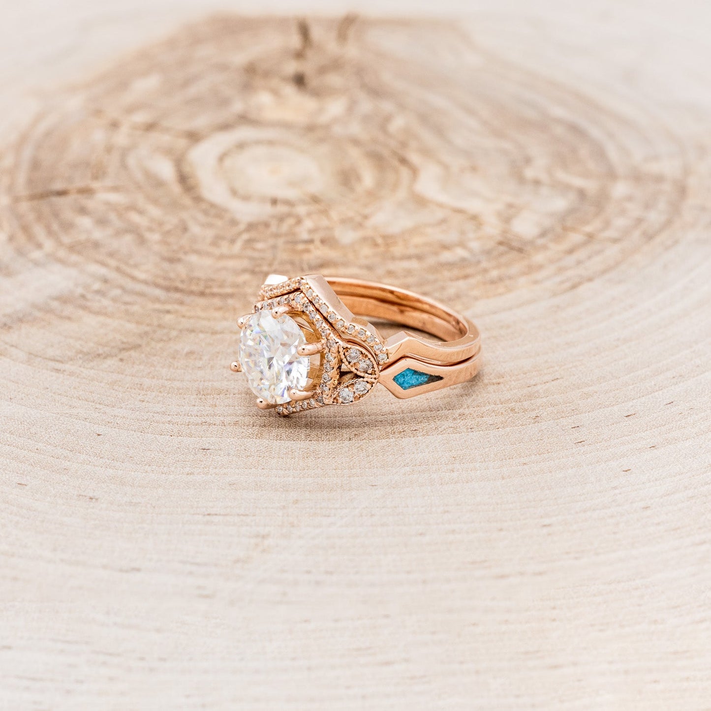 "Lucy In The Sky" - Round Cut Moissanite Engagement Ring With Diamonds, Turquoise Inlays & A Diamond Tracer