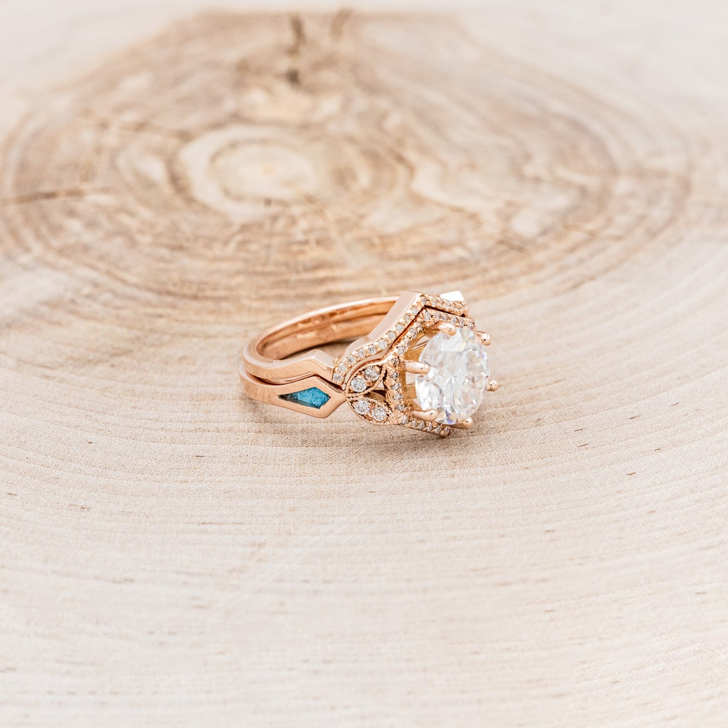 "Lucy In The Sky" - Round Cut Moissanite Engagement Ring With Diamonds, Turquoise Inlays & A Diamond Tracer