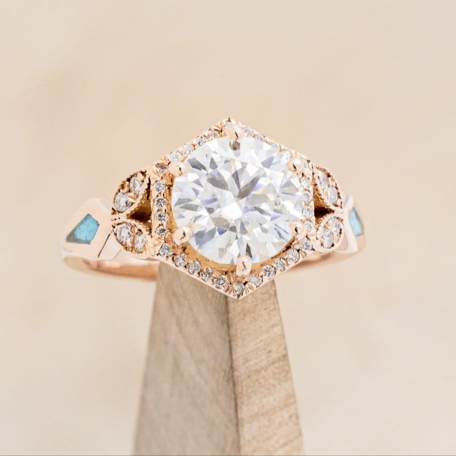 "Lucy In The Sky" - Round Cut Moissanite Engagement Ring With Diamonds, Turquoise Inlays & A Diamond Tracer