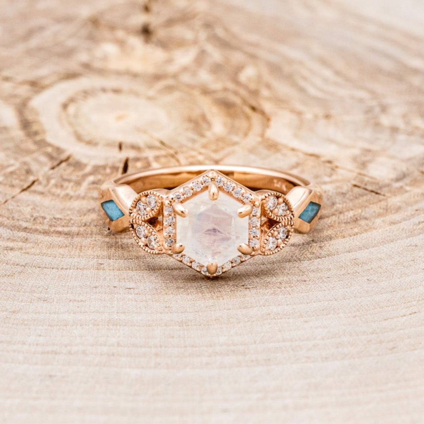 "Lucy In The Sky" Petite - Hexagon Cut Moonstone Engagement Ring With Diamond Accents & Turquoise Inlays