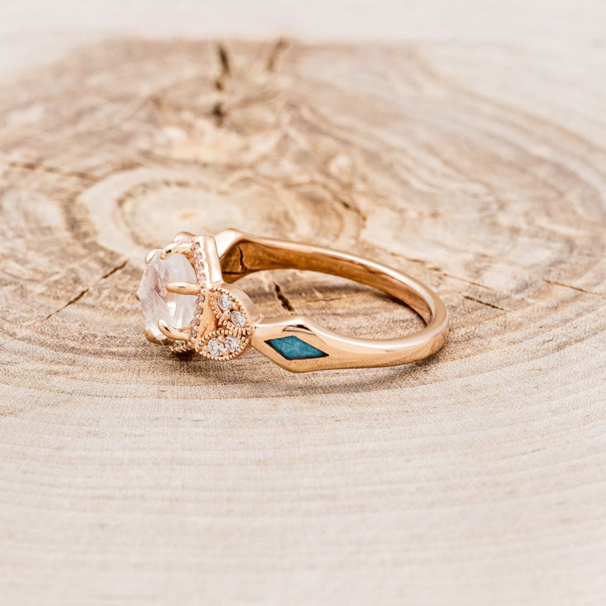 "Lucy In The Sky" Petite - Hexagon Cut Moonstone Engagement Ring With Diamond Accents & Turquoise Inlays