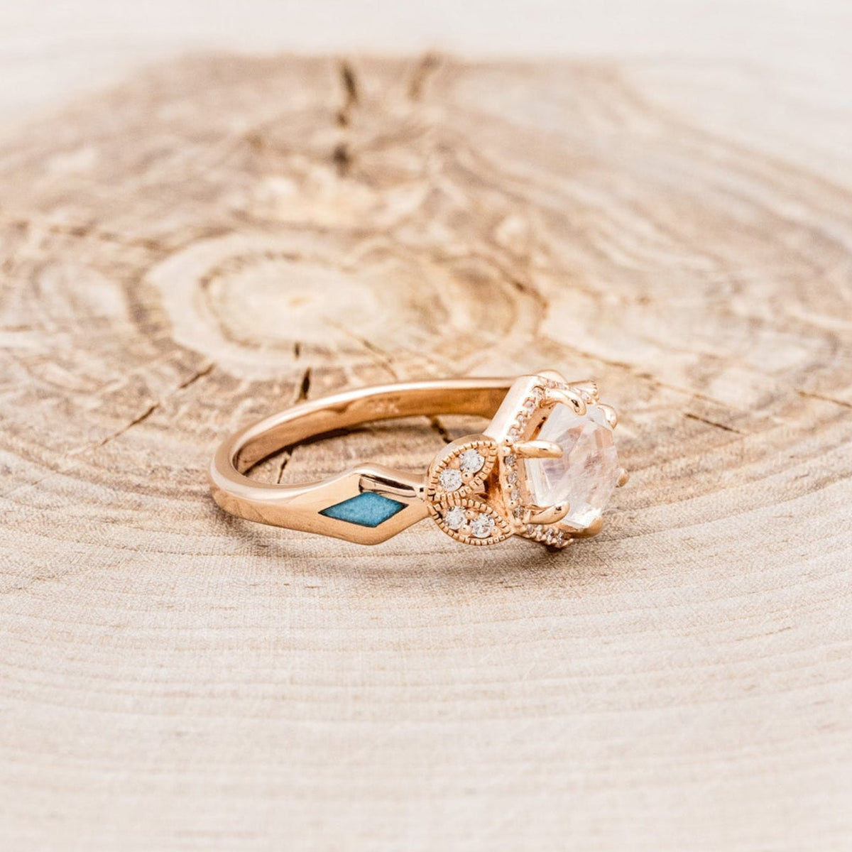 "Lucy In The Sky" Petite - Hexagon Cut Moonstone Engagement Ring With Diamond Accents & Turquoise Inlays