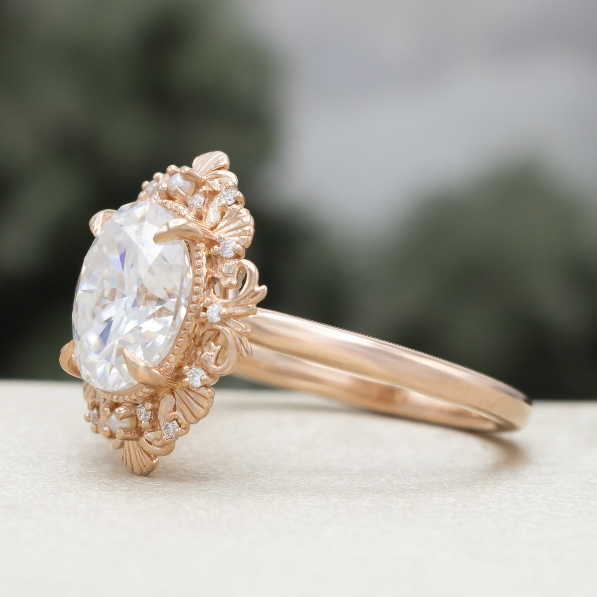 "Merrow" - Moissanite Engagement Ring With Pearl Accents And Diamond Tracer