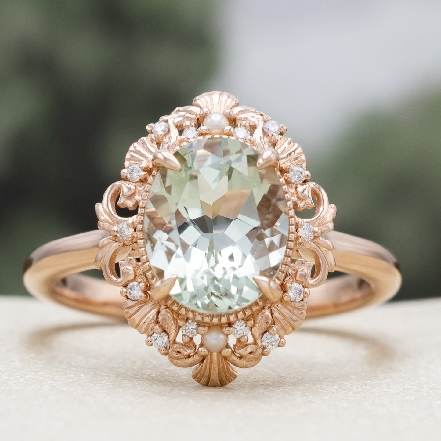 "Merrow" - Oval Cut Prasiolite Engagement Ring With Pearl Accents And Diamond Tracer