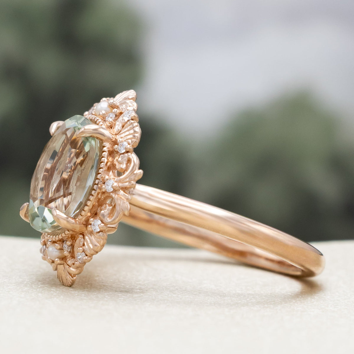 "Merrow" - Oval Cut Prasiolite Engagement Ring With Pearl Accents And Diamond Tracer