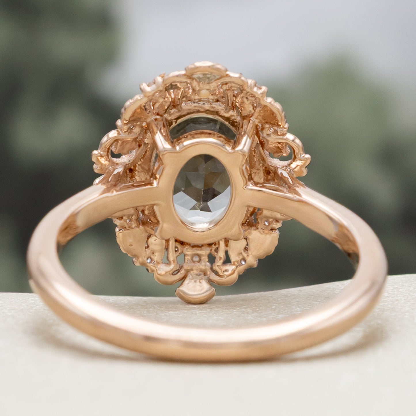 "Merrow" - Oval Cut Prasiolite Engagement Ring With Pearl Accents And Diamond Tracer