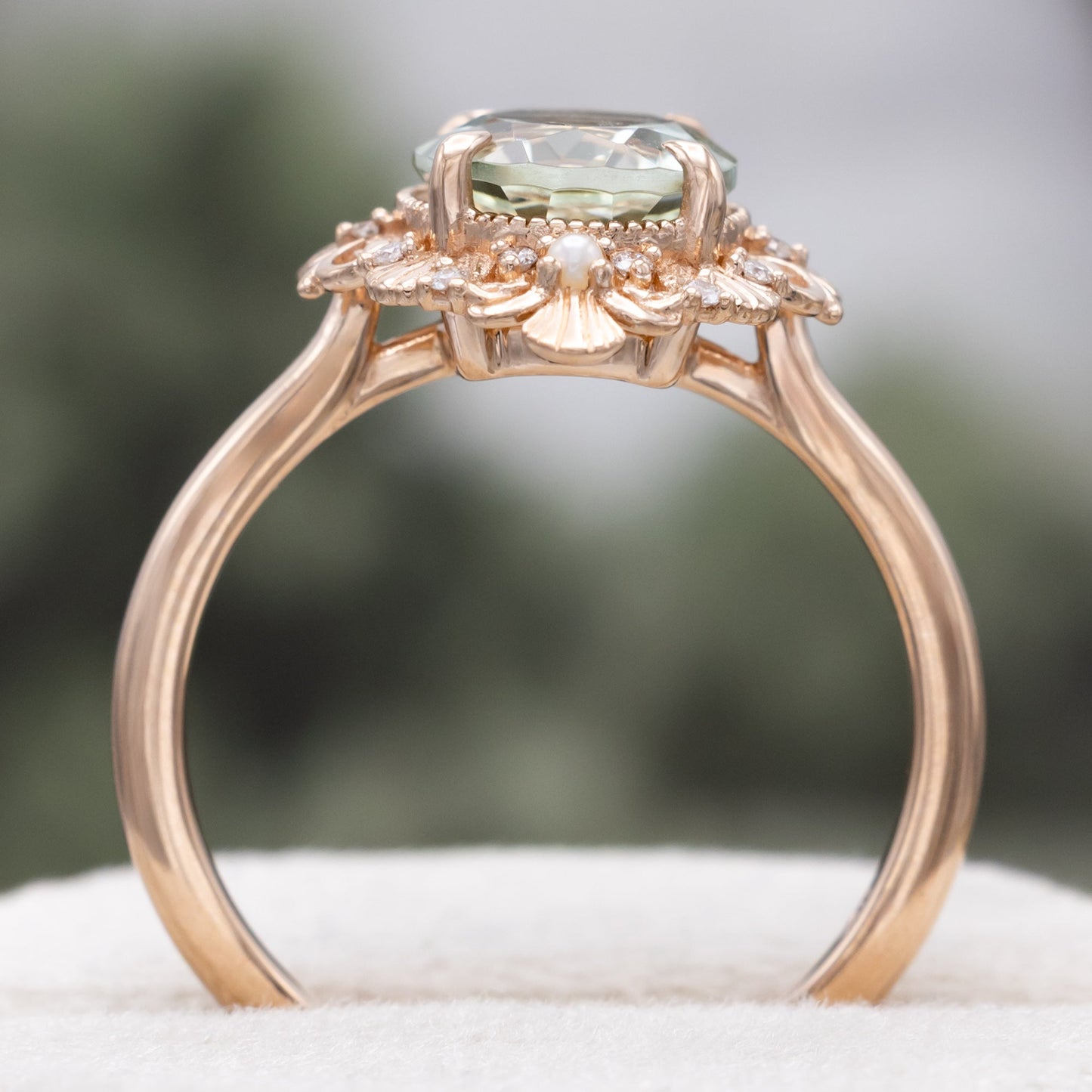"Merrow" - Oval Cut Prasiolite Engagement Ring With Pearl Accents And Diamond Tracer