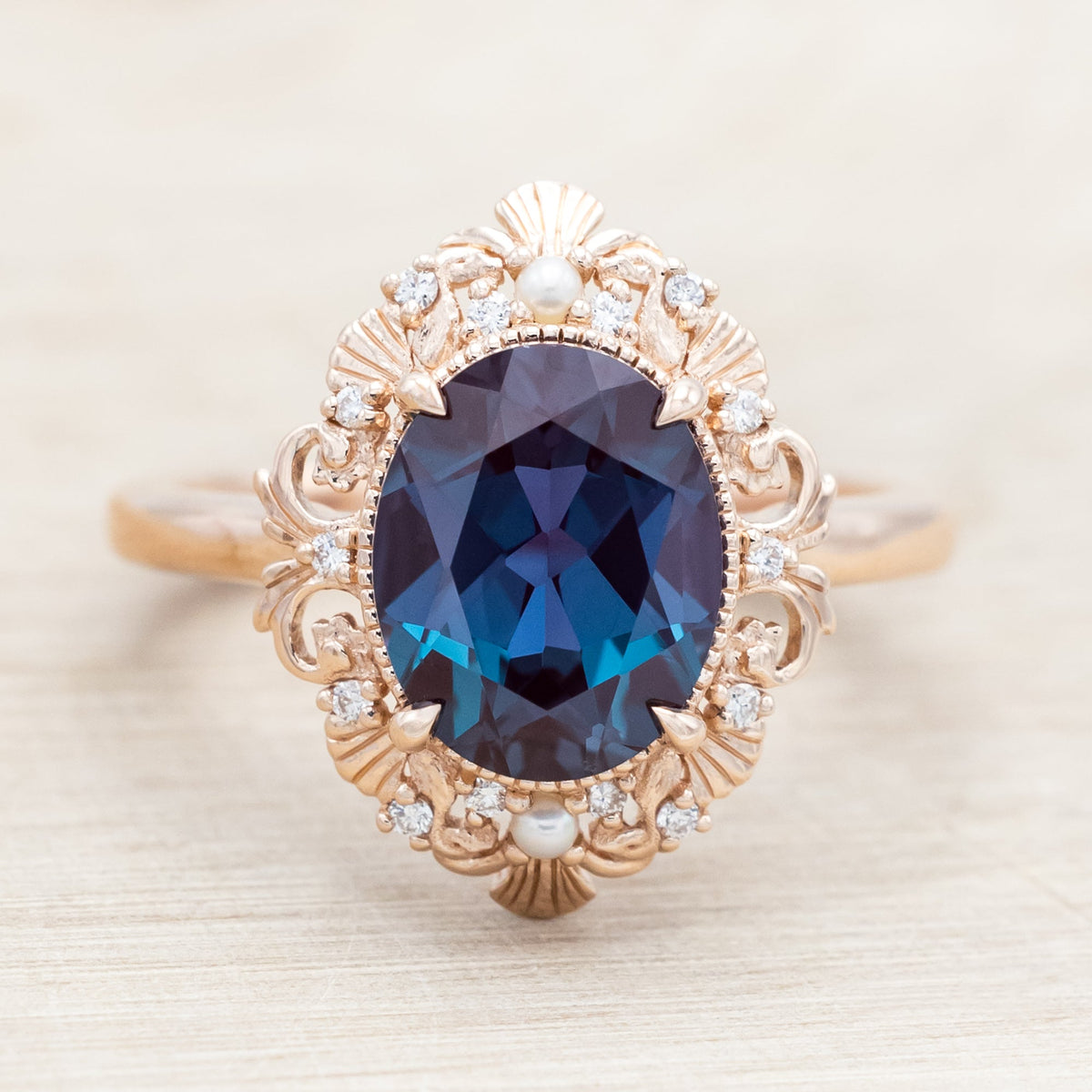 "Merrow" - Lab-Grown Alexandrite Engagement Ring With Pearl Accents And Diamond Tracer