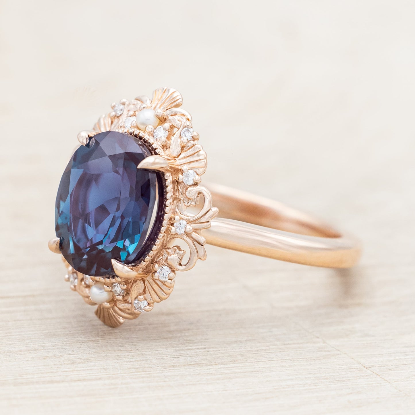 "Merrow" - Lab-Grown Alexandrite Engagement Ring With Pearl Accents And Diamond Tracer