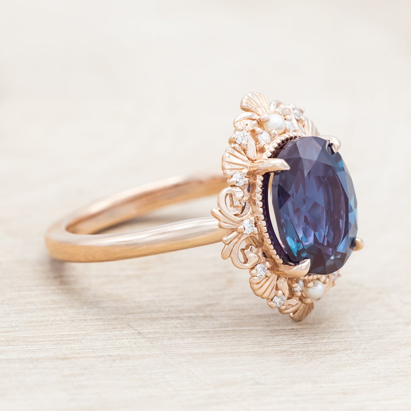"Merrow" - Lab-Grown Alexandrite Engagement Ring With Pearl Accents And Diamond Tracer