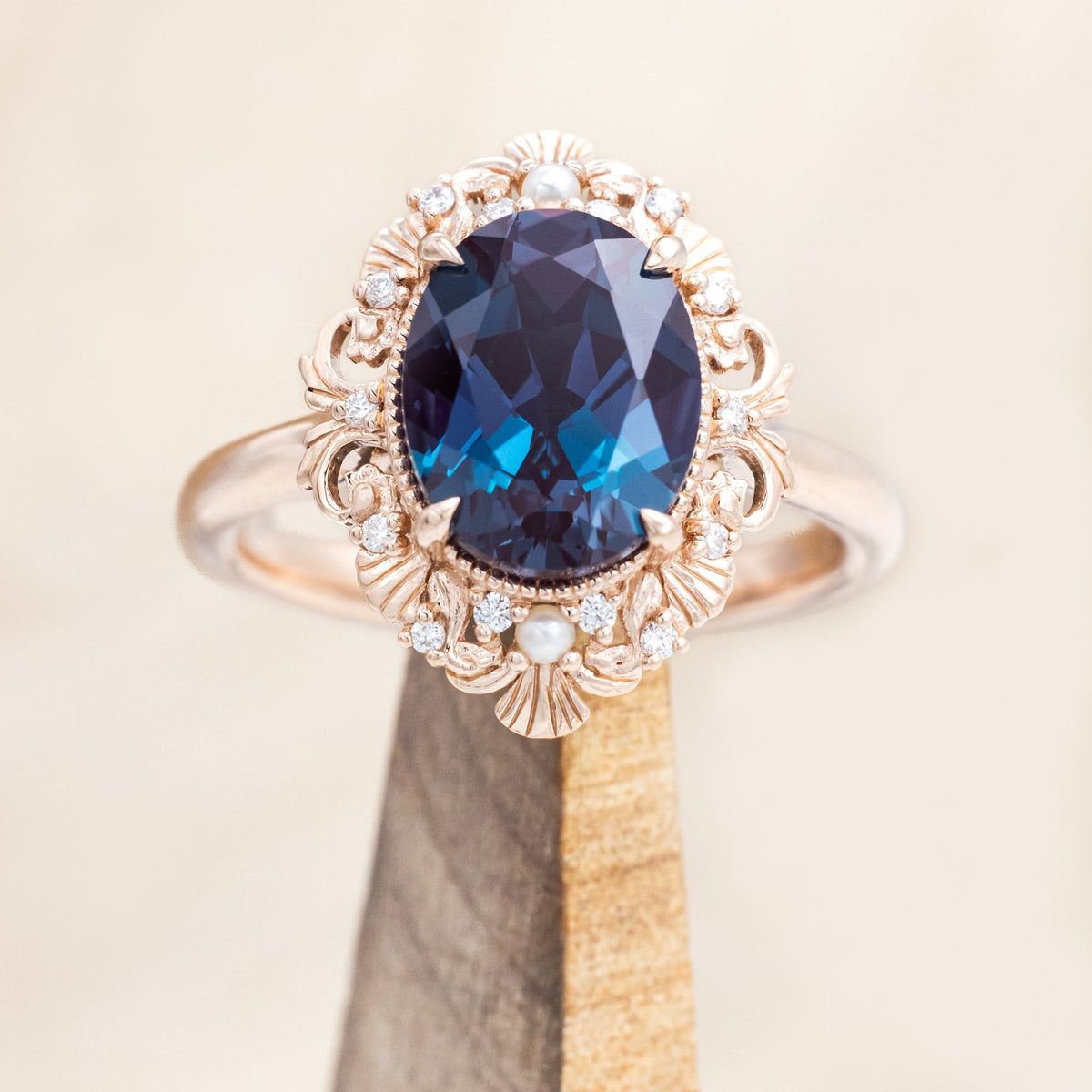 "Merrow" - Lab-Grown Alexandrite Engagement Ring With Pearl Accents And Diamond Tracer