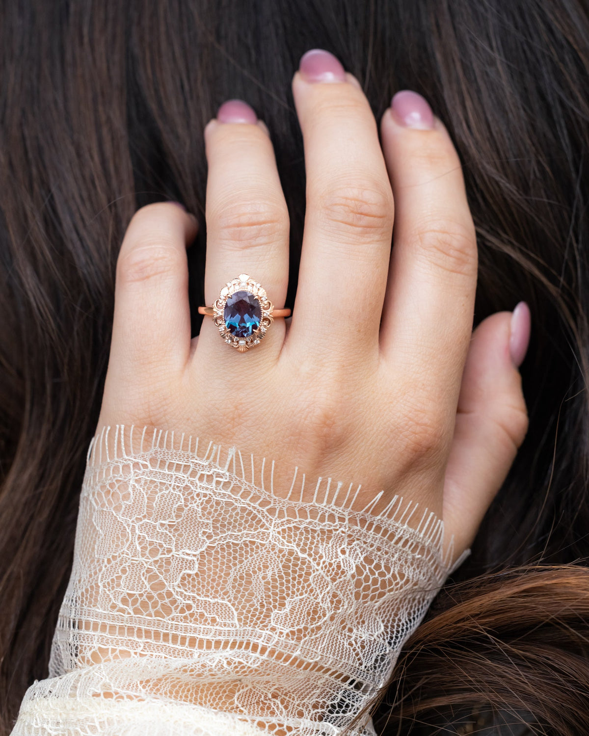 "Merrow" - Lab-Grown Alexandrite Engagement Ring With Pearl Accents And Diamond Tracer