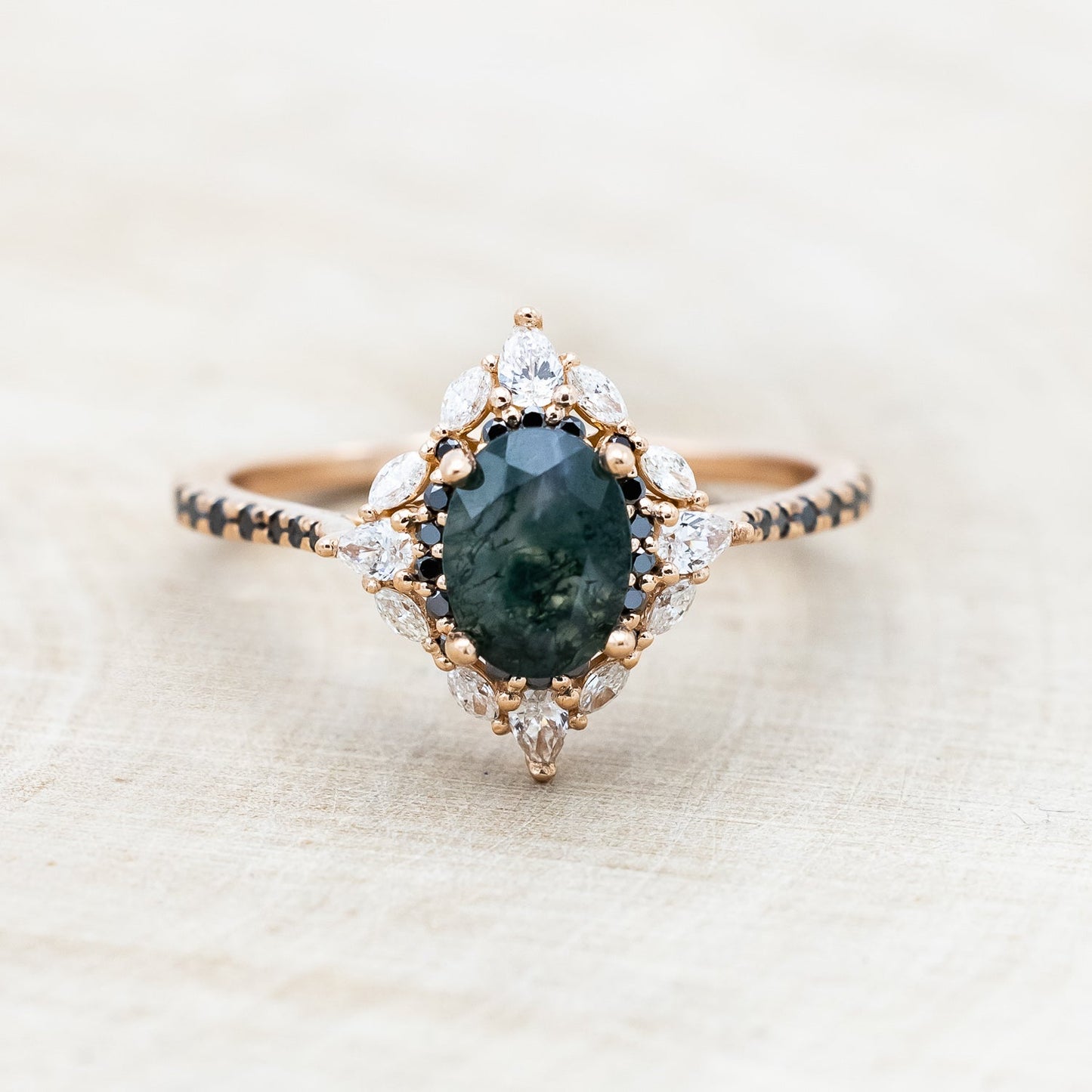 "North Star" - Oval Cut Moss Agate Engagement Ring With A Diamond Tracer