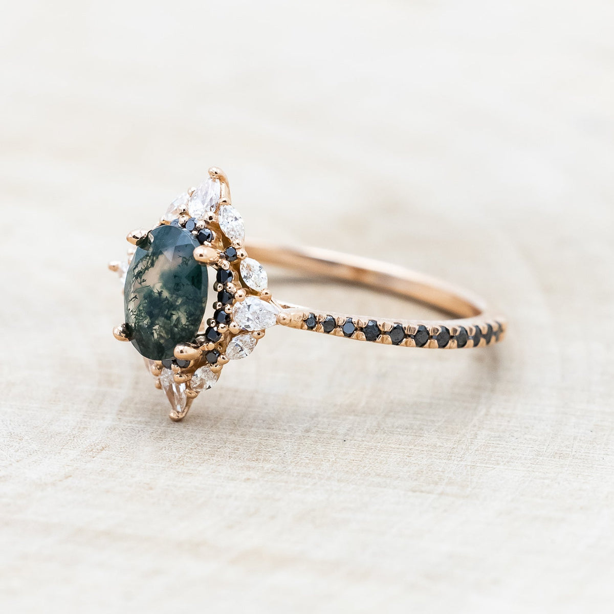 "North Star" - Oval Cut Moss Agate Engagement Ring With A Diamond Tracer