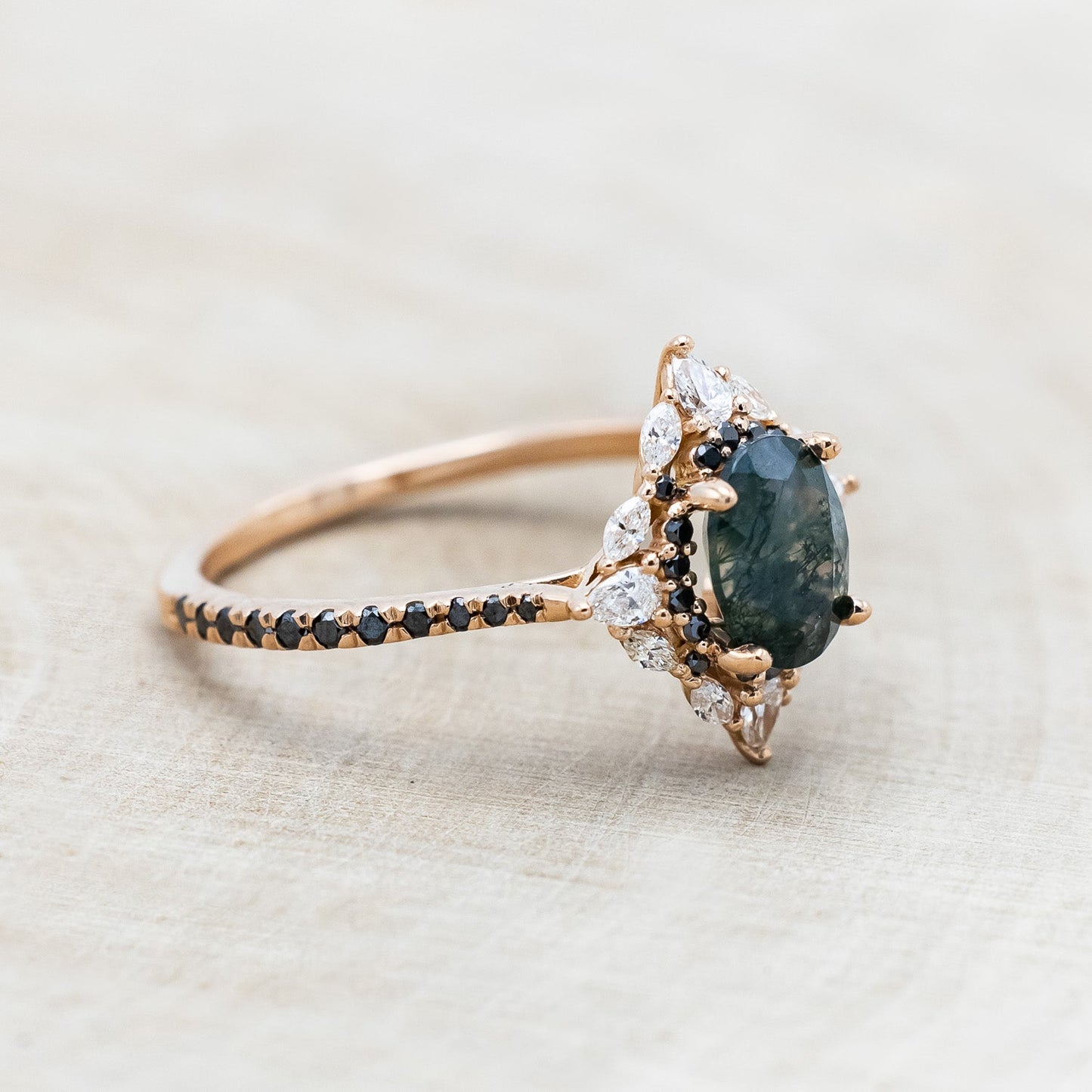 "North Star" - Oval Cut Moss Agate Engagement Ring With A Diamond Tracer