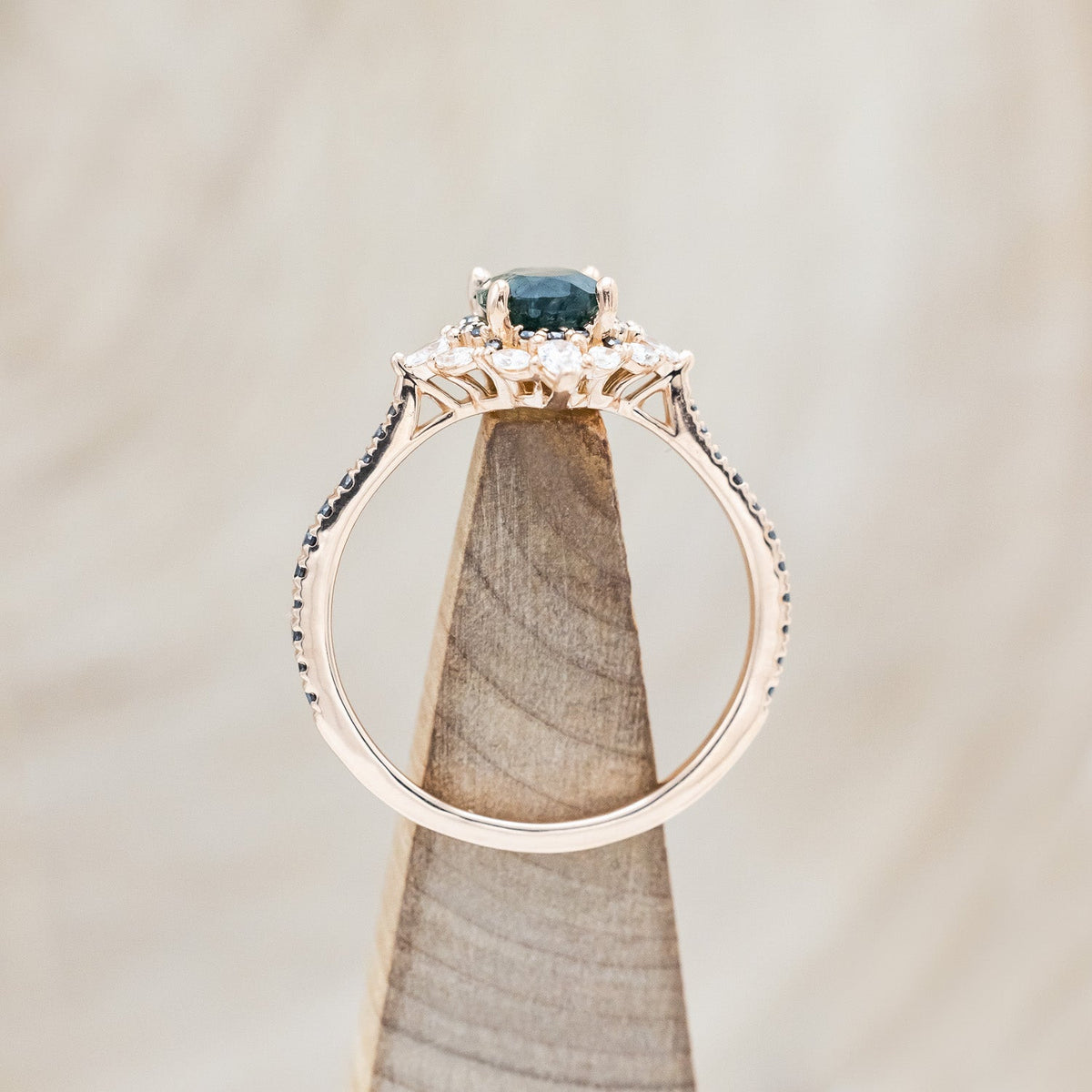 "North Star" - Oval Cut Moss Agate Engagement Ring With A Diamond Tracer