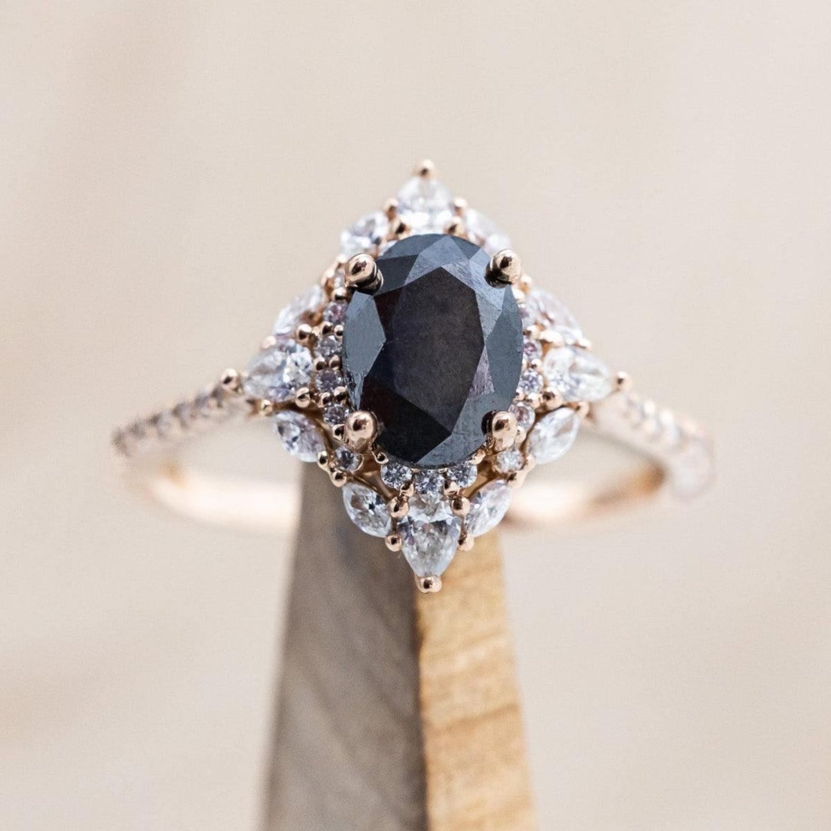 "North Star" - Oval Salt & Pepper Diamond Engagement Ring With Diamond Halo & Accents