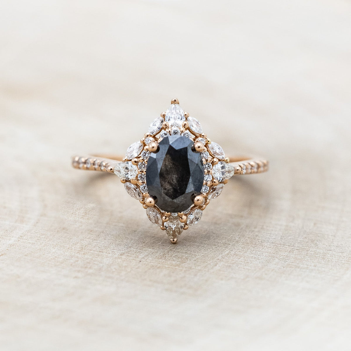 "North Star" - Oval Salt & Pepper Diamond Engagement Ring With Diamond Halo & Accents