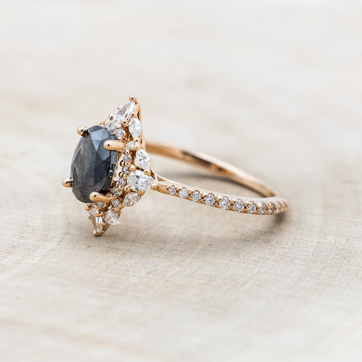 "North Star" - Oval Salt & Pepper Diamond Engagement Ring With Diamond Halo & Accents