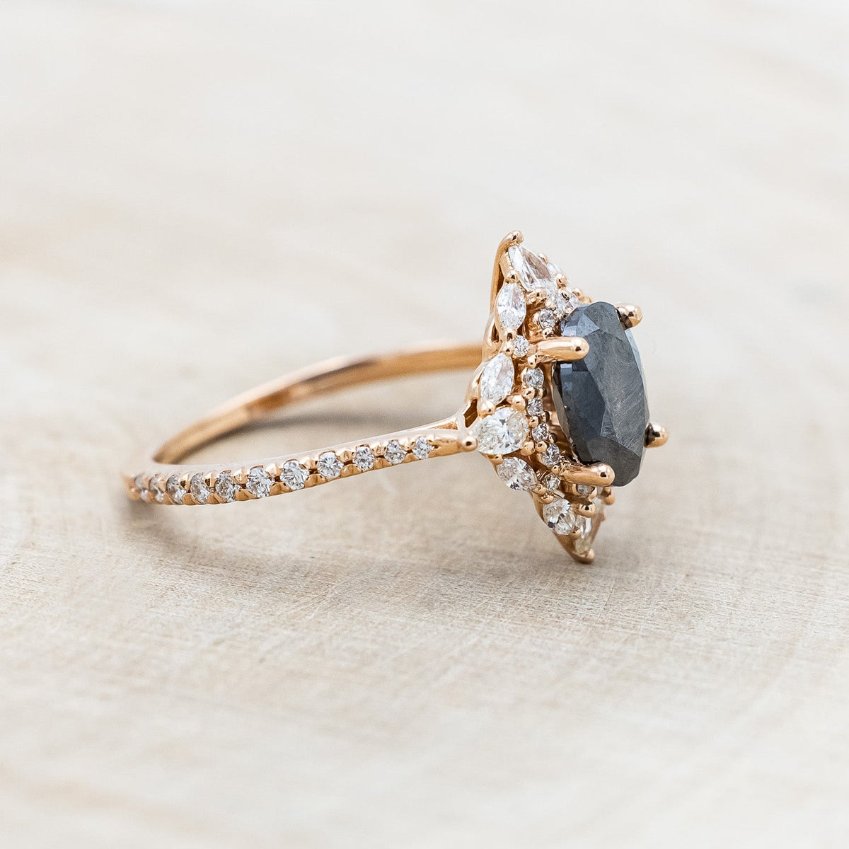 "North Star" - Oval Salt & Pepper Diamond Engagement Ring With Diamond Halo & Accents