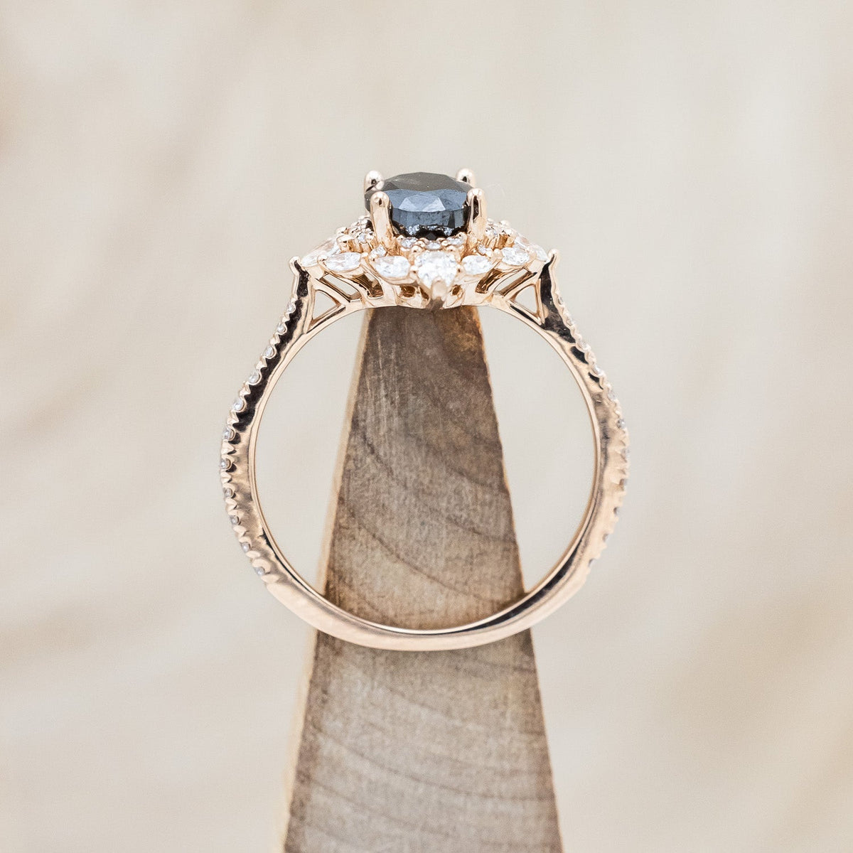 "North Star" - Oval Salt & Pepper Diamond Engagement Ring With Diamond Halo & Accents