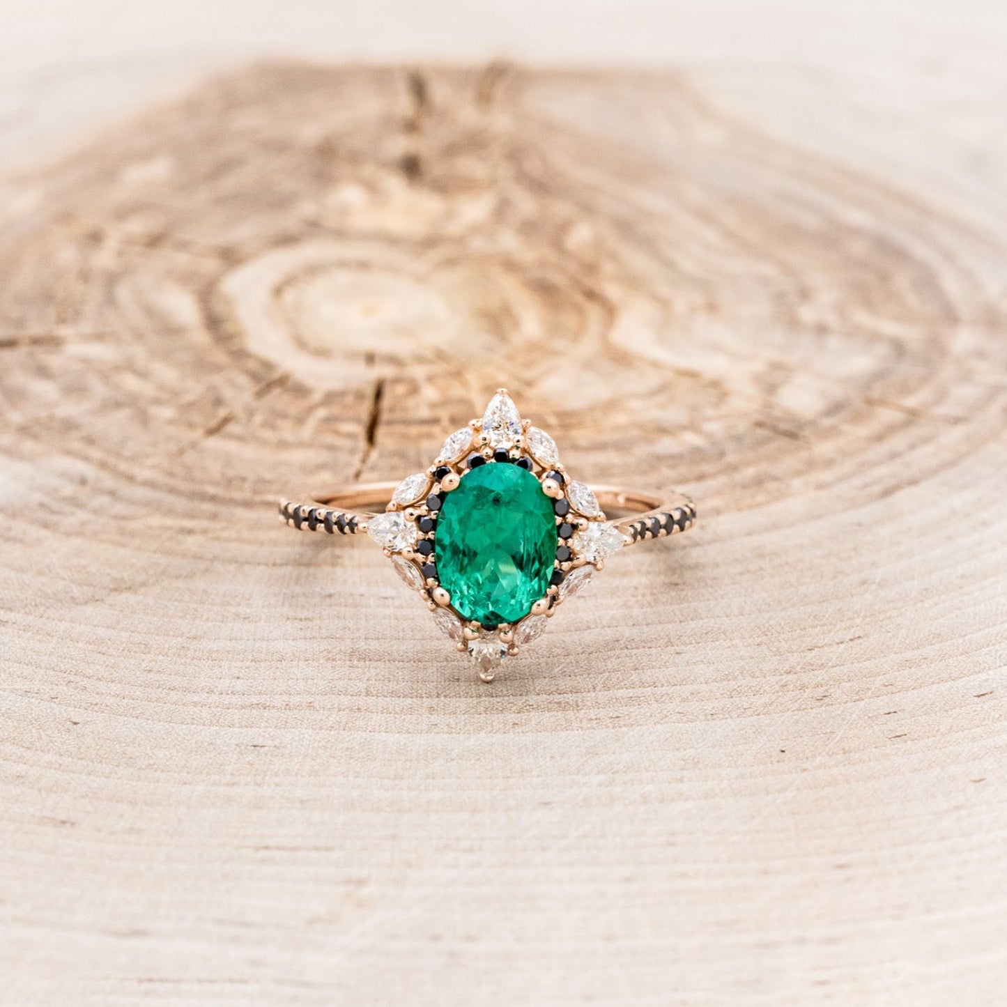 "North Star" - Oval Lab-Grown Emerald Engagement Ring With Diamond Halo & Diamond Accents