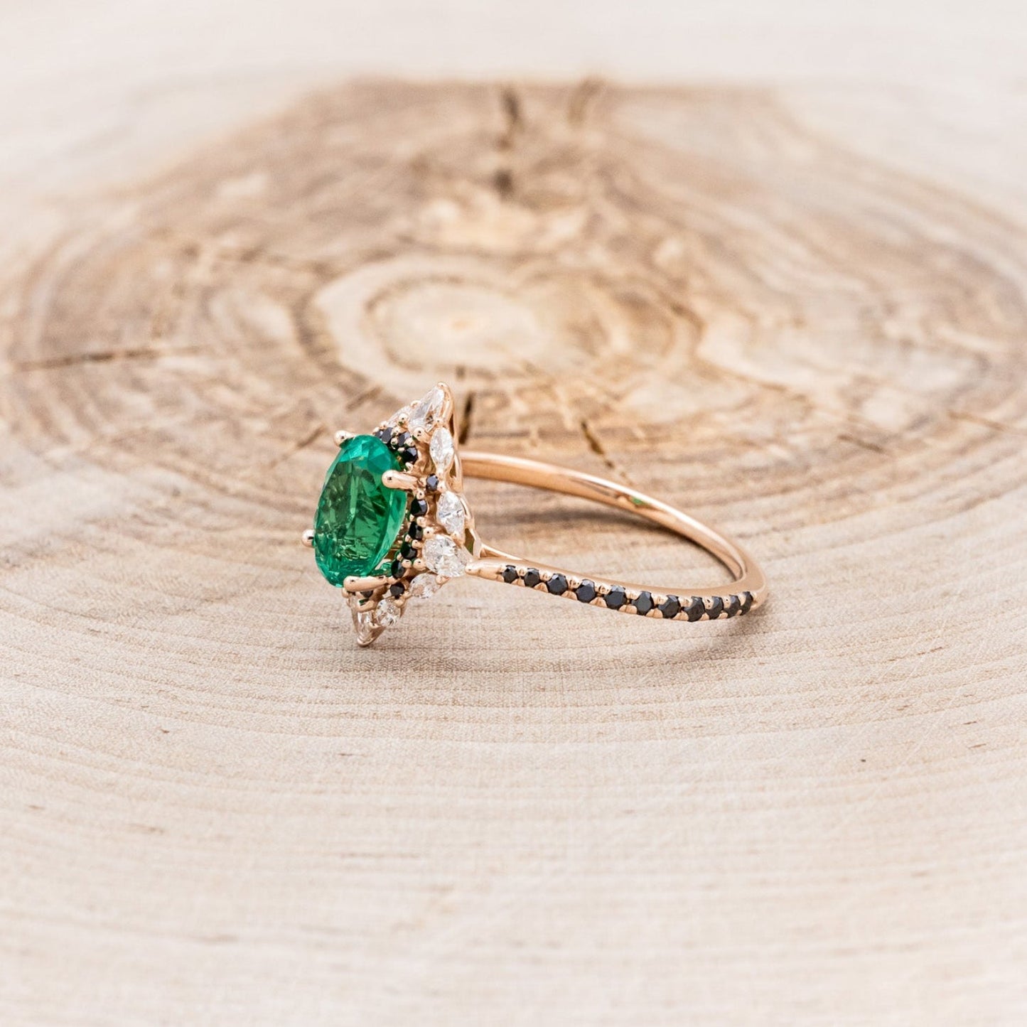 "North Star" - Oval Lab-Grown Emerald Engagement Ring With Diamond Halo & Diamond Accents