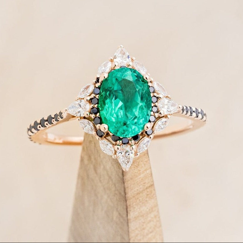 "North Star" - Oval Lab-Grown Emerald Engagement Ring With Diamond Halo & Diamond Accents