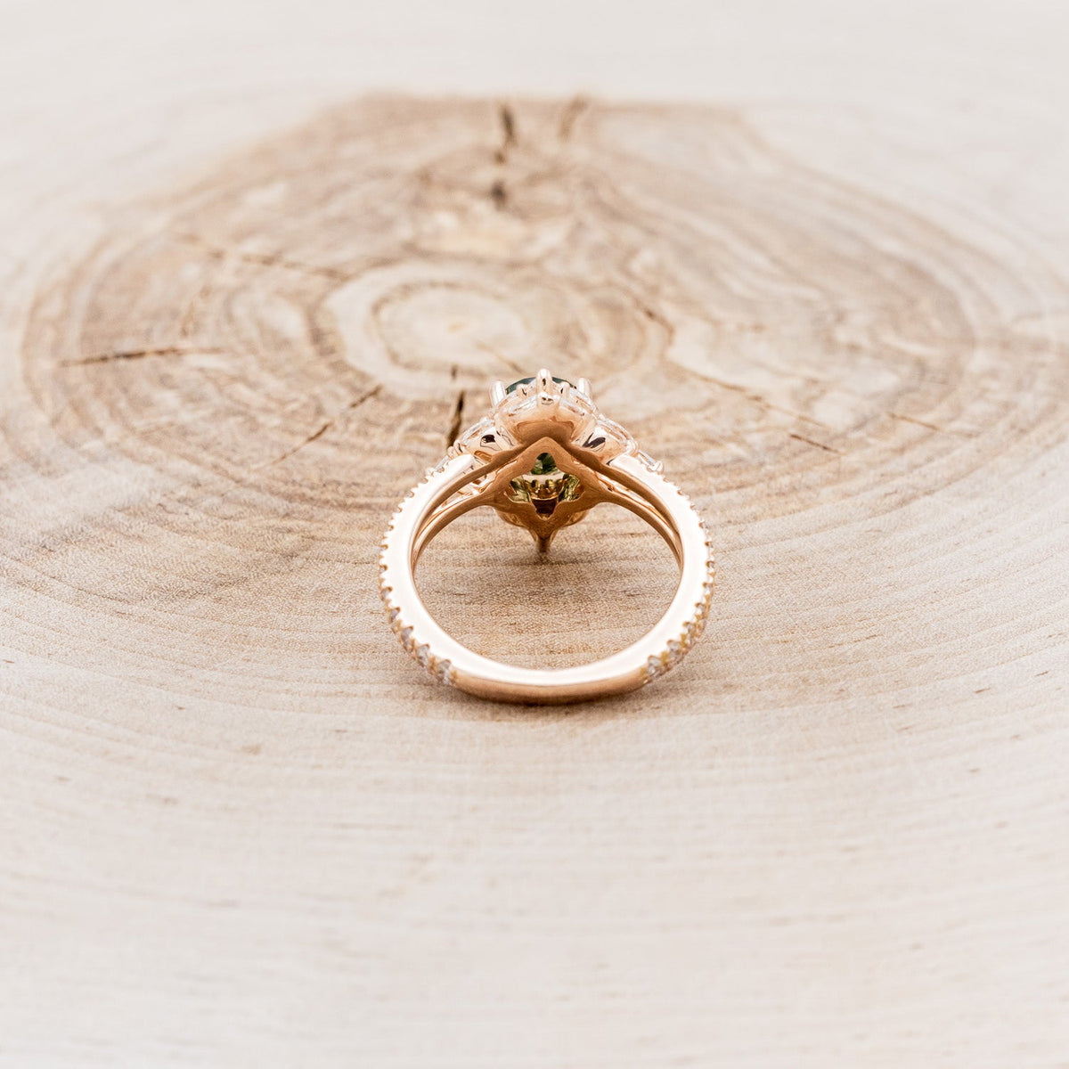"North Star" - Oval Cut Moss Agate Engagement Ring With A Diamond Tracer