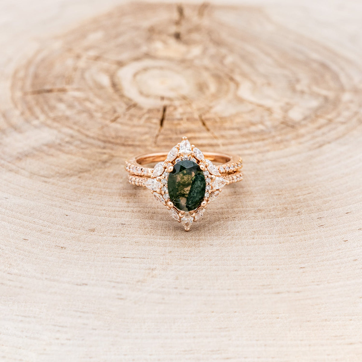 "North Star" - Oval Cut Moss Agate Engagement Ring With A Diamond Tracer