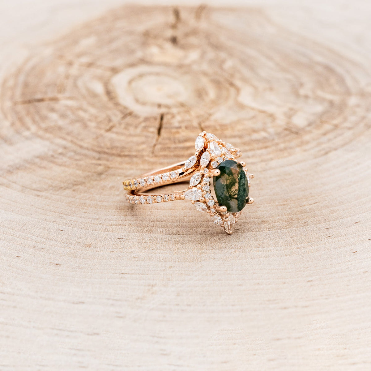 "North Star" - Oval Cut Moss Agate Engagement Ring With A Diamond Tracer