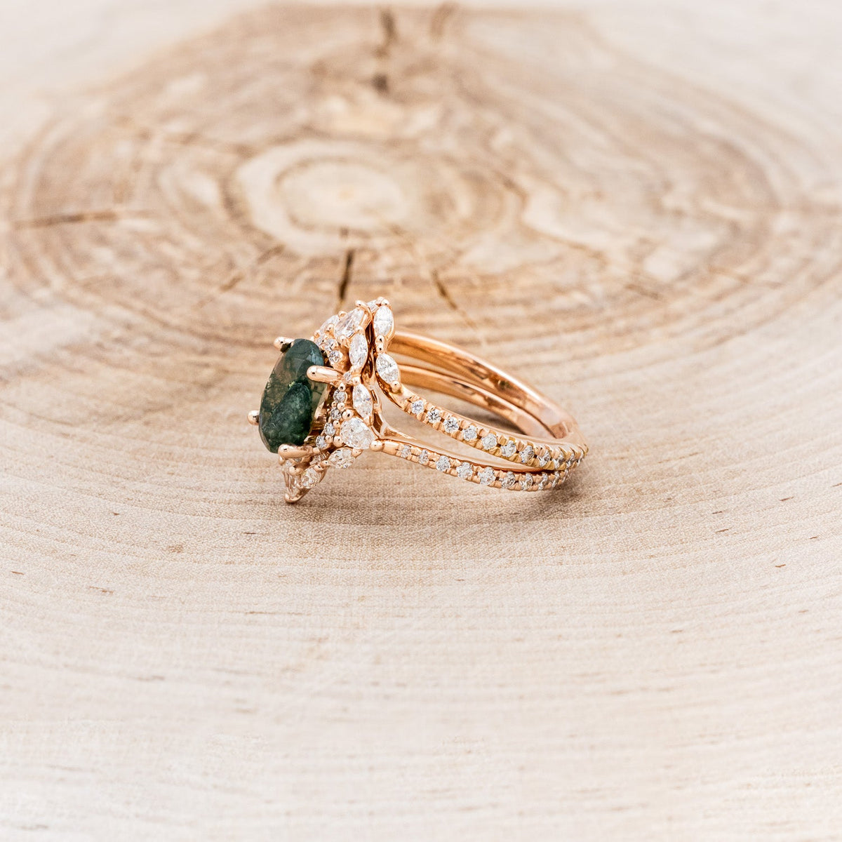 "North Star" - Oval Cut Moss Agate Engagement Ring With A Diamond Tracer