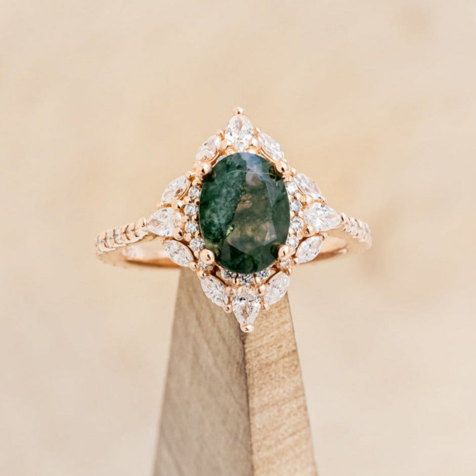 "North Star" - Oval Cut Moss Agate Engagement Ring With A Diamond Tracer