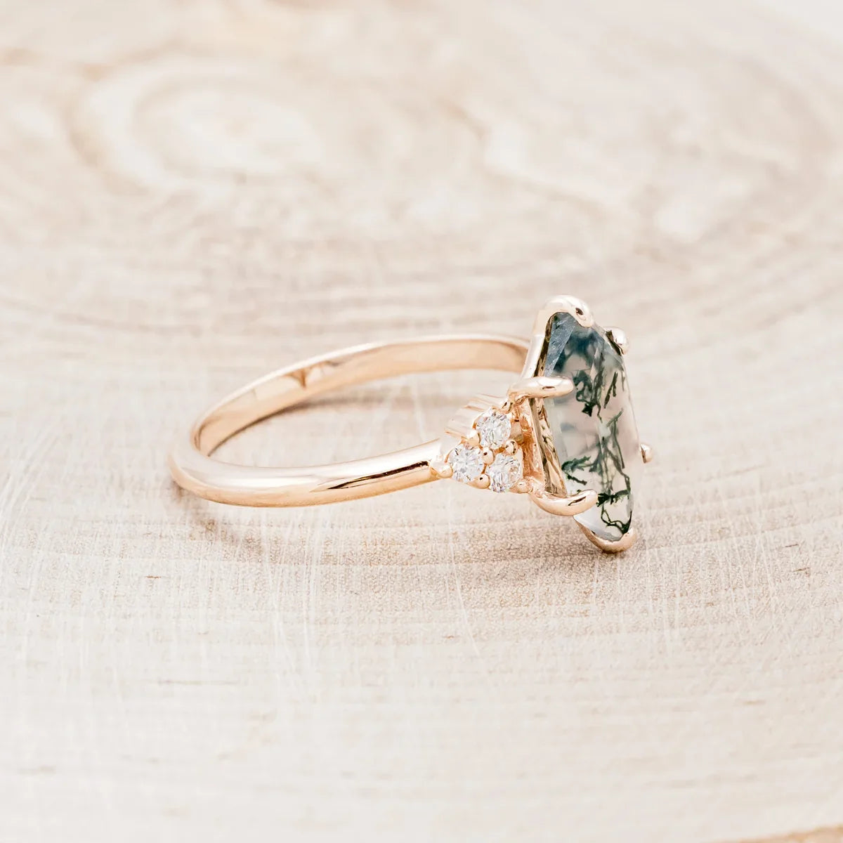 "Octavia" - Elongated Hexagon Cut Moss Agate Engagement Ring With Diamond Accents - 14K Rose Gold - Size 7 1/4