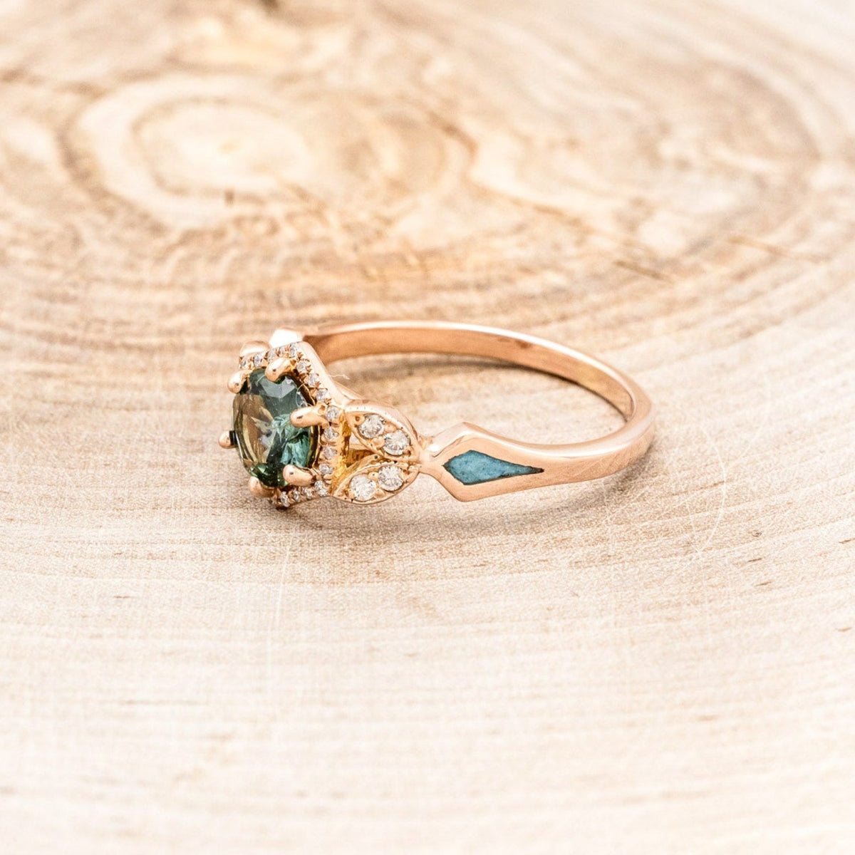 "Lucy In The Sky" Petite - Round Cut Montana Sapphire Engagement Ring With Diamond Accents & Turquoise Inlays