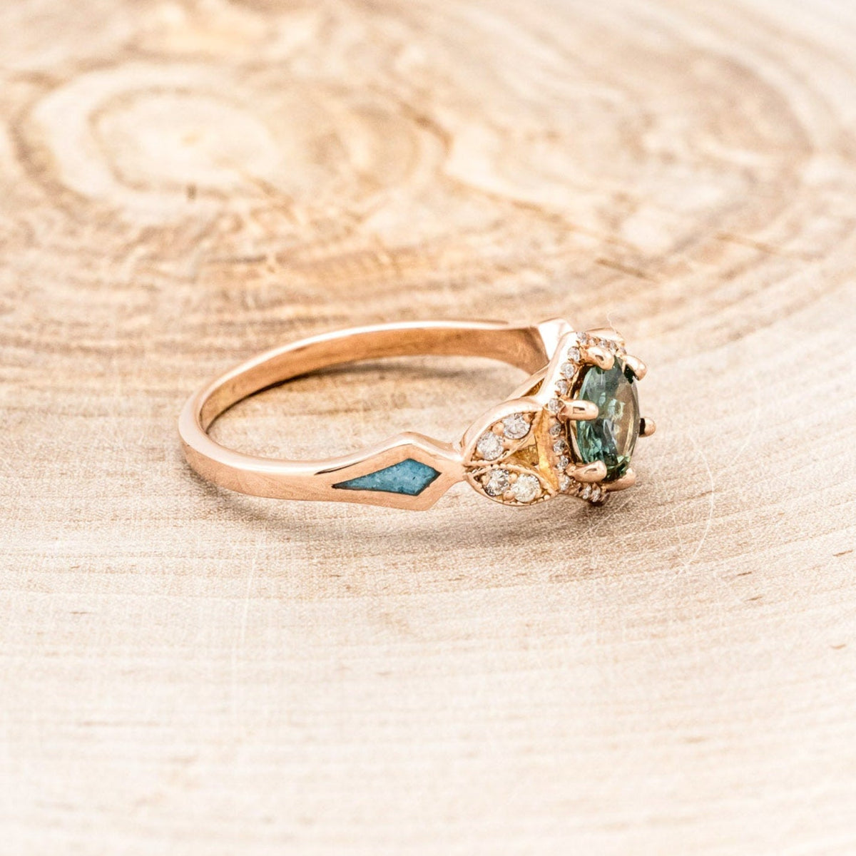 "Lucy In The Sky" Petite - Round Cut Montana Sapphire Engagement Ring With Diamond Accents & Turquoise Inlays
