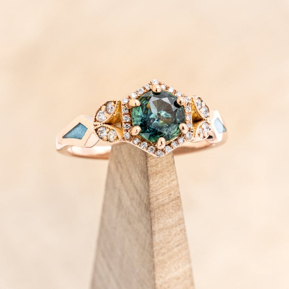 "Lucy In The Sky" Petite - Round Cut Montana Sapphire Engagement Ring With Diamond Accents & Turquoise Inlays