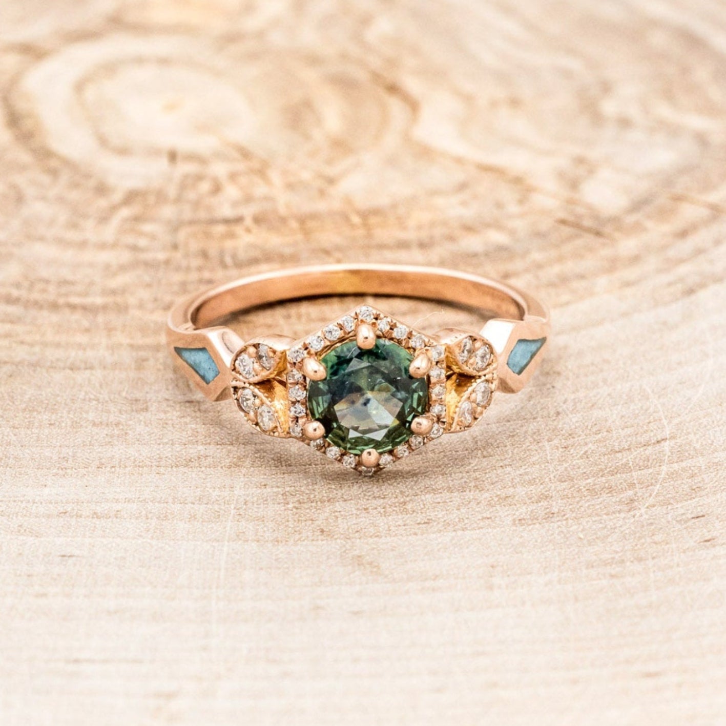 "Lucy In The Sky" Petite - Round Cut Montana Sapphire Engagement Ring With Diamond Accents & Turquoise Inlays