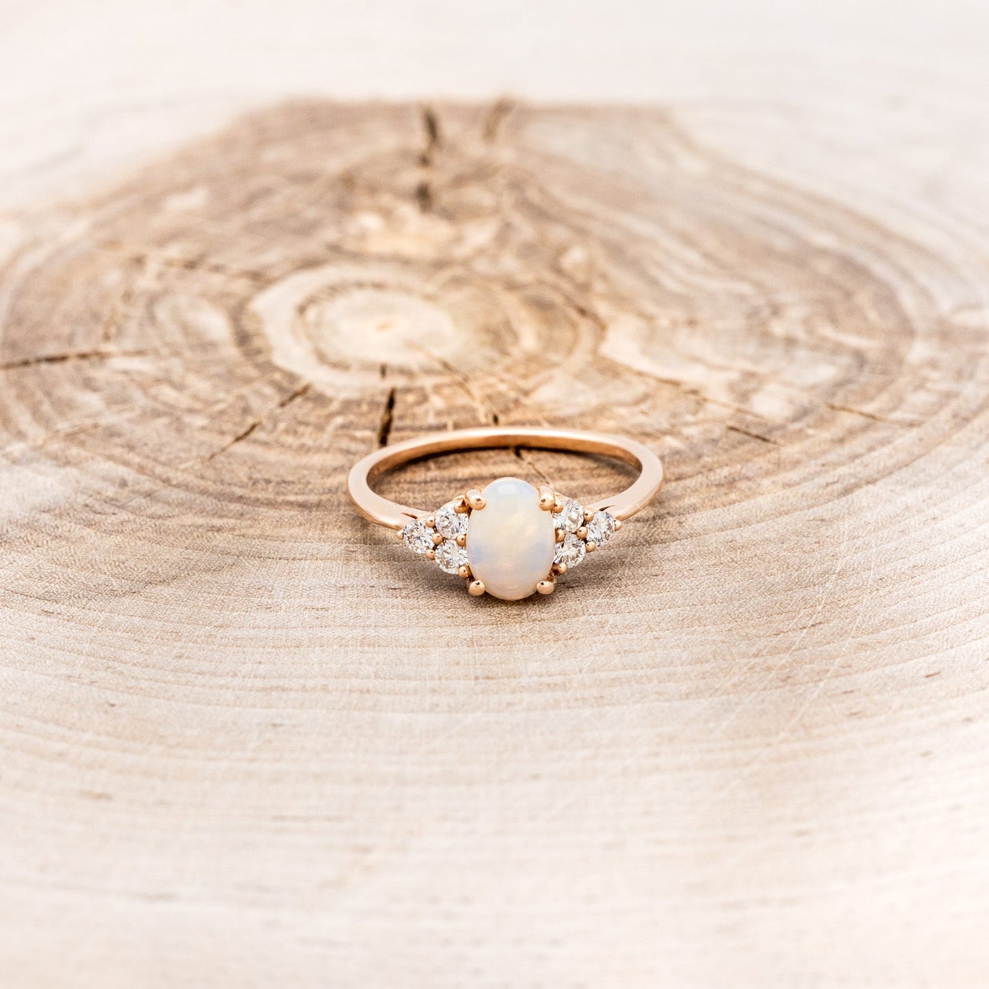 "Rhea" - Oval Cabochon Cut White Opal Engagement Ring With Diamond Accents
