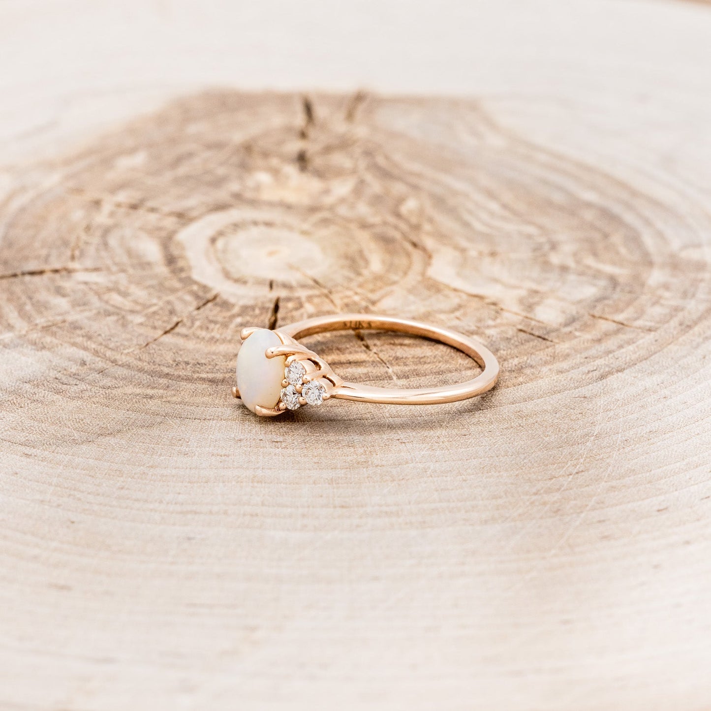 "Rhea" - Oval Cabochon Cut White Opal Engagement Ring With Diamond Accents
