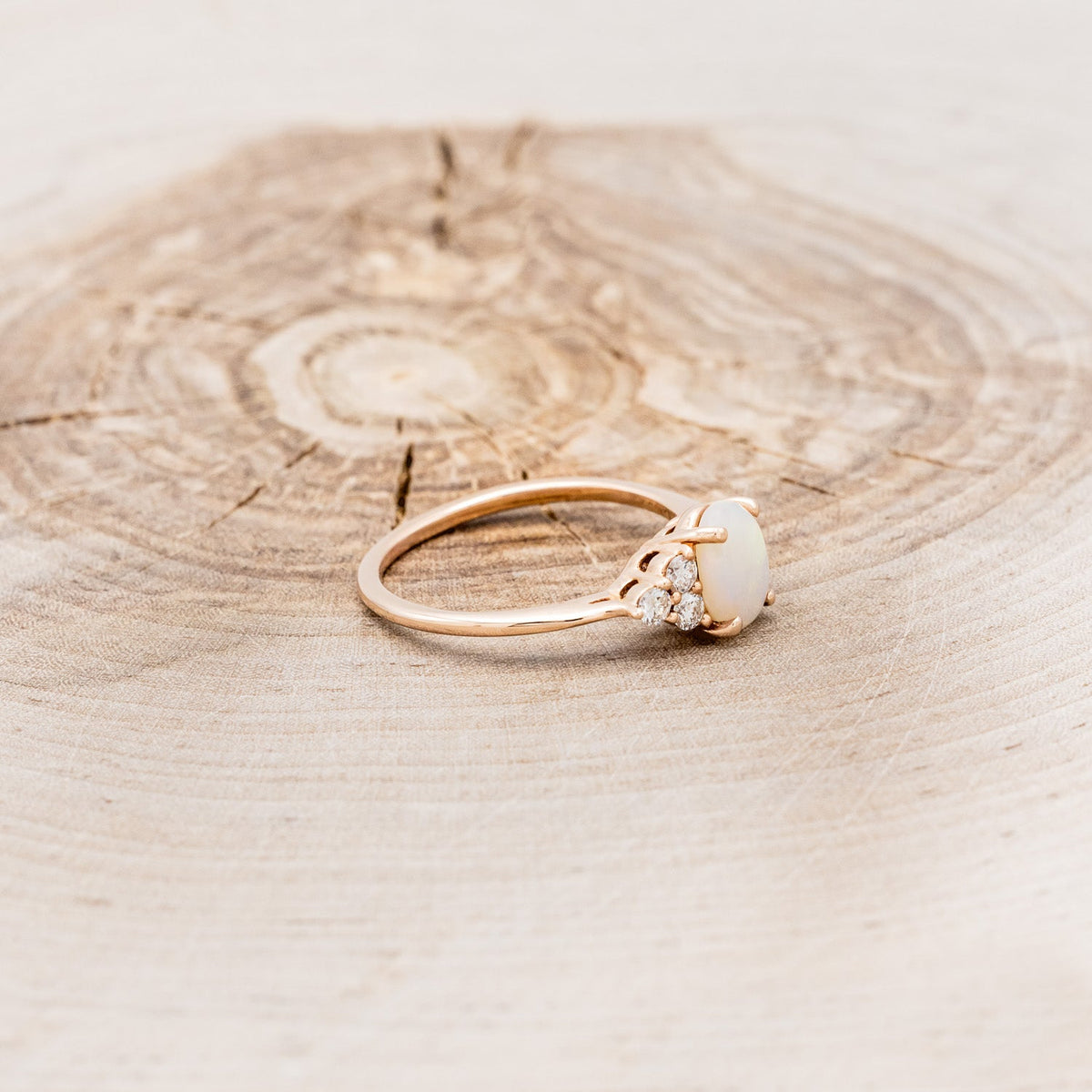 "Rhea" - Oval Cabochon Cut White Opal Engagement Ring With Diamond Accents