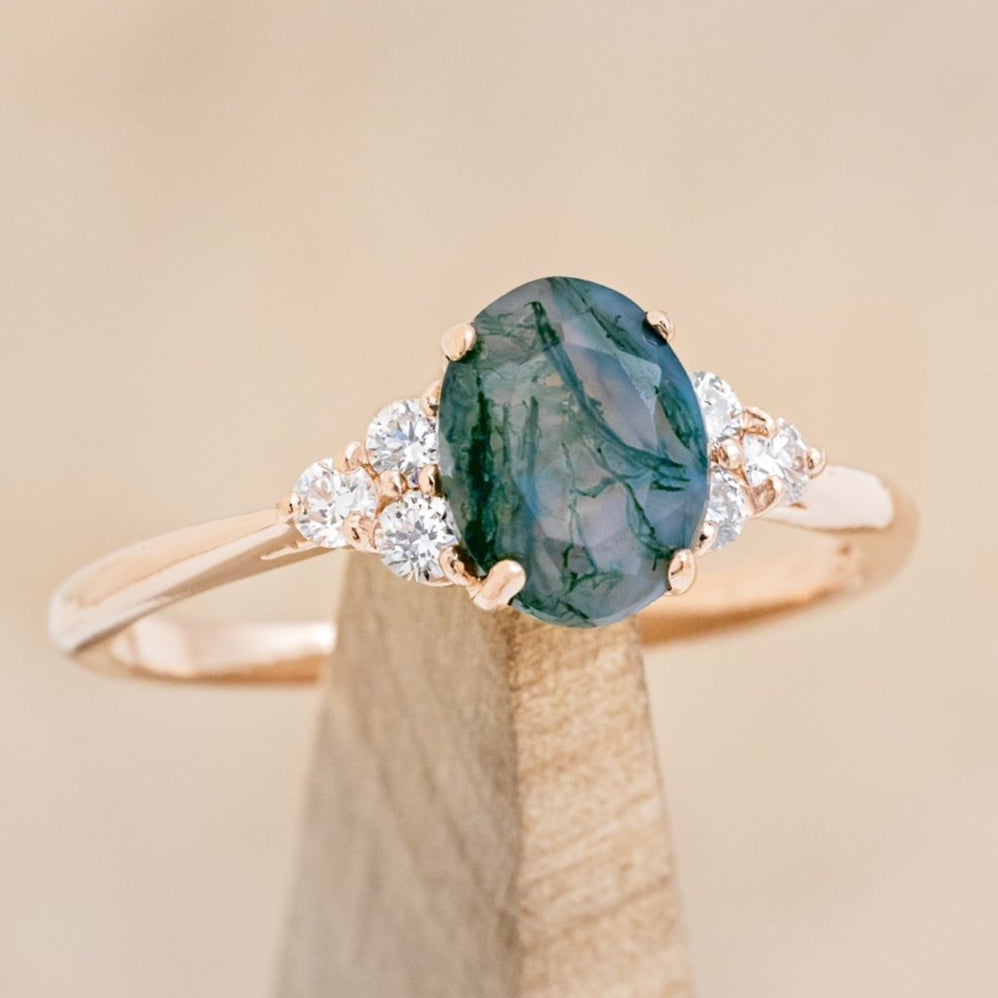 "Rhea" - Oval Cut Moss Agate Engagement Ring With Diamond Accents
