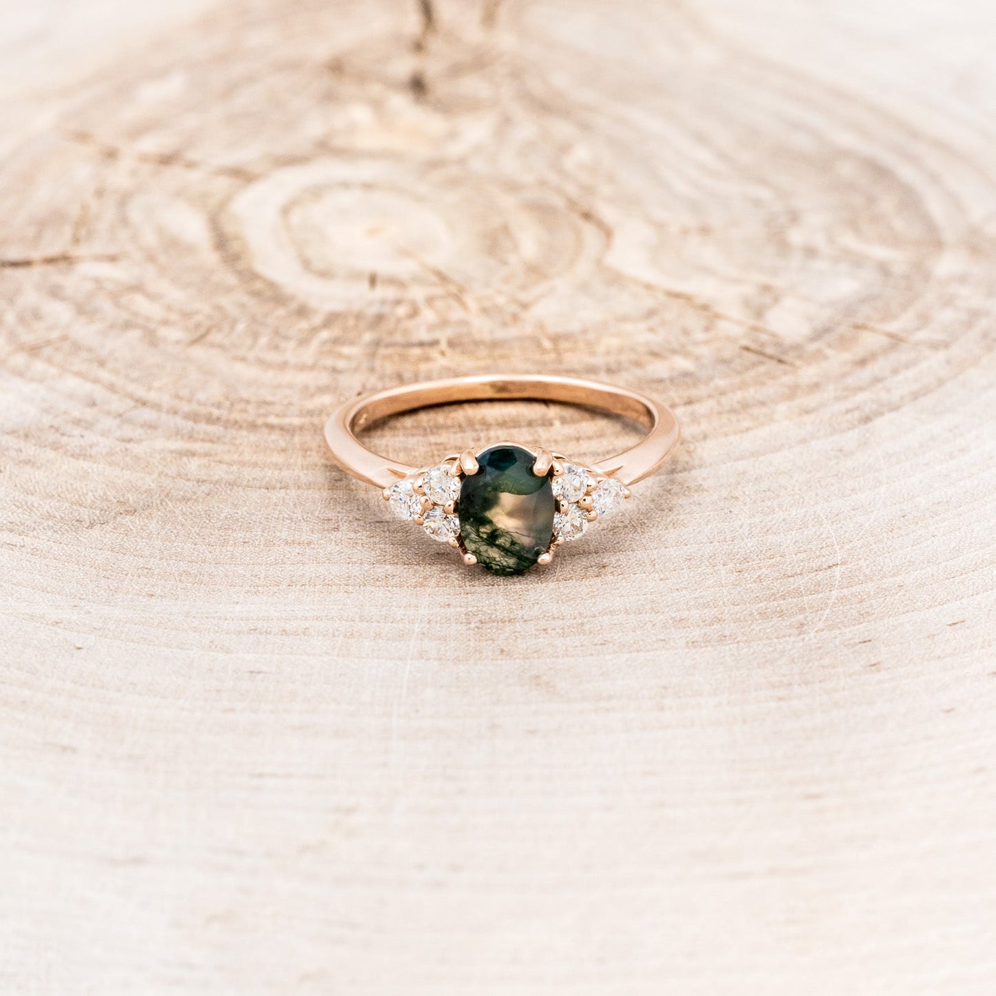 "Rhea" - Oval Cut Moss Agate Engagement Ring With Diamond Accents