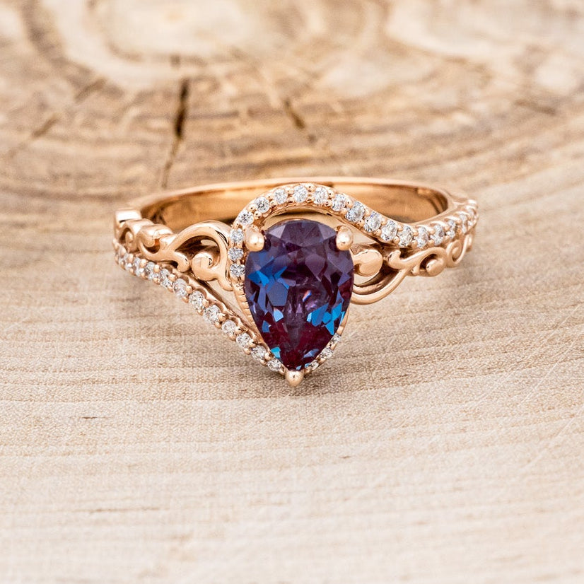 "Scarlet" - Pear Cut Lab-Grown Alexandrite Engagement Ring With Diamond Accents
